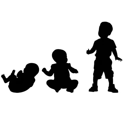 Silhouettes of a baby, toddler, and child on a white background